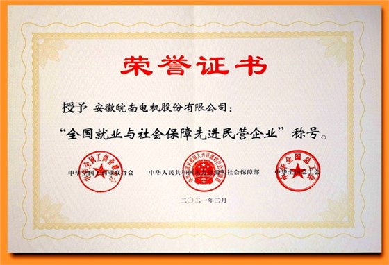 皖南電機(jī)：全國(guó)就業(yè)與社會(huì)保障先進(jìn)民營(yíng)企業(yè)